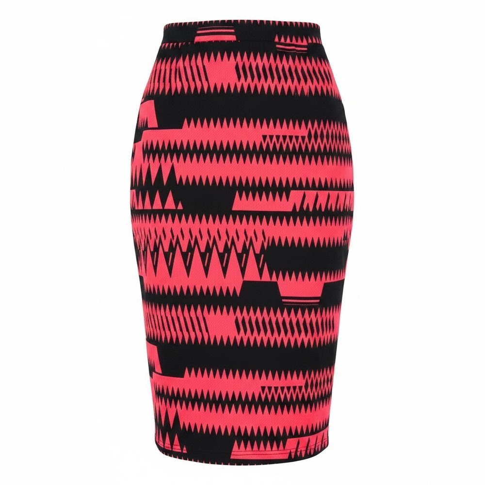 Womens Y2K Neon Pink Black Geometric Zig Zag Pencil Skirt XL Knit Bodycon Midi